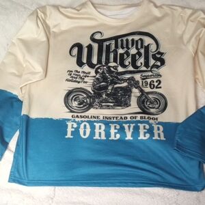 Cream and Blue Long Sleeve Tees with Graphic Prints Front &Back Free Shipping